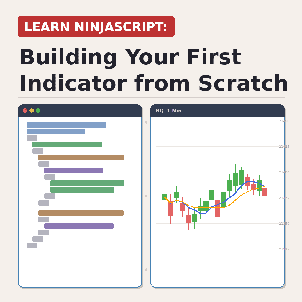 Learn NinjaScript: Building Your First Indicator from Scratch - cover image showing a code editor and trading chart
