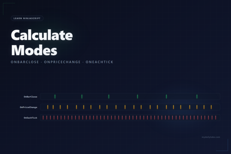 Three tick-frequency lanes visualizing how OnBarClose, OnPriceChange, and OnEachTick differ in firing cadence