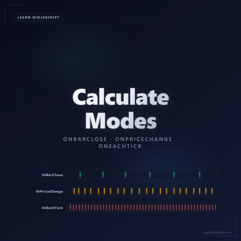 Three tick-frequency lanes visualizing how OnBarClose, OnPriceChange, and OnEachTick differ in firing cadence