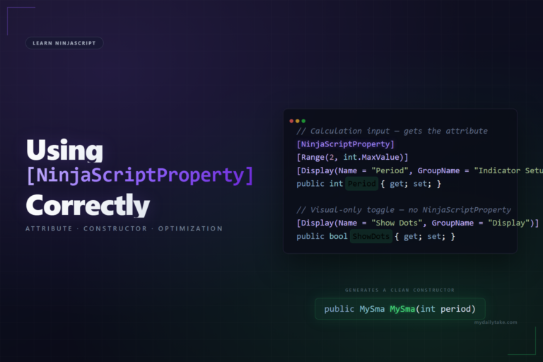Code card showing a Period property marked with NinjaScriptProperty in purple and a ShowDots property without it. Below, the auto-generated constructor signature MySma(int period) shows only the marked property.