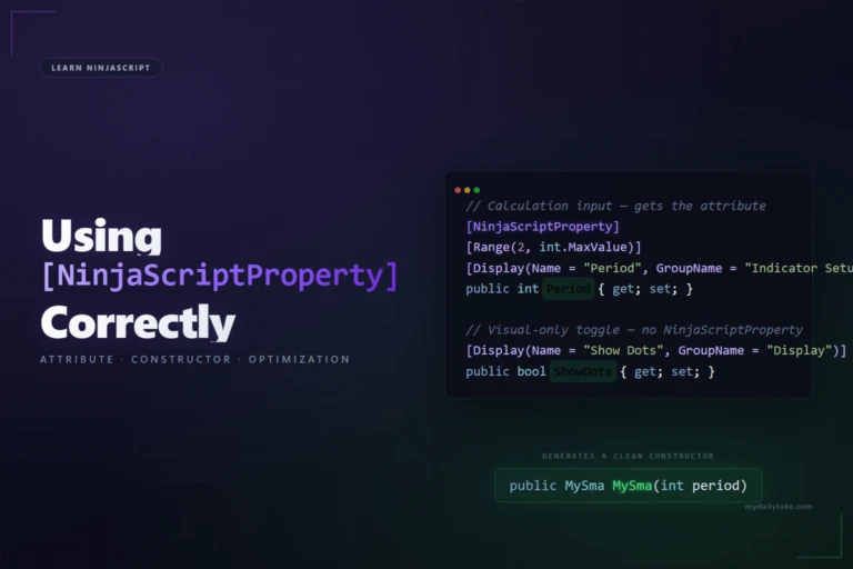 Code card showing a Period property marked with NinjaScriptProperty in purple and a ShowDots property without it. Below, the auto-generated constructor signature MySma(int period) shows only the marked property.