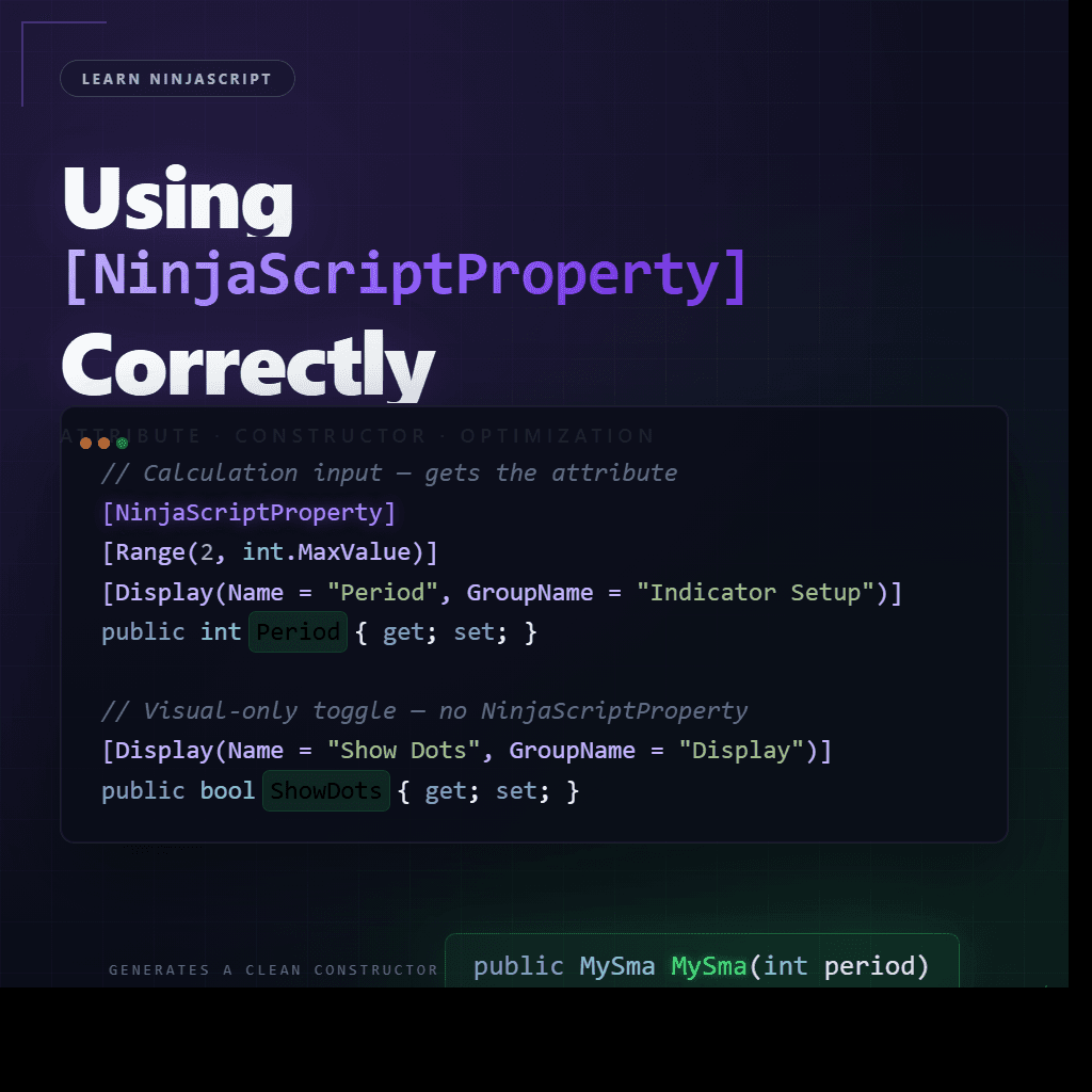 Code card showing a Period property marked with NinjaScriptProperty in purple and a ShowDots property without it. Below, the auto-generated constructor signature MySma(int period) shows only the marked property.
