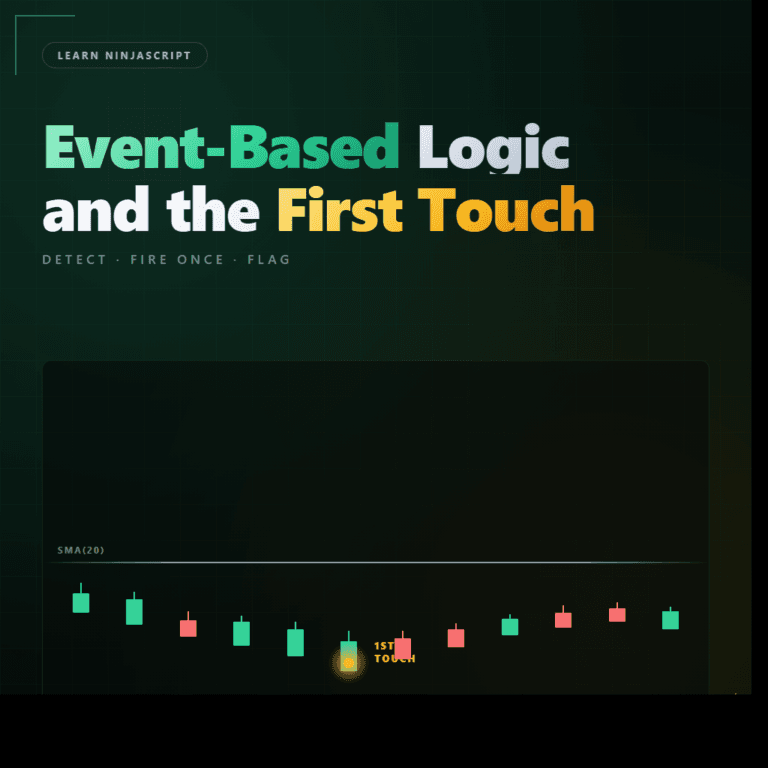 Illustration of event-based logic in NinjaScript — first-touch arrow at SMA crossing