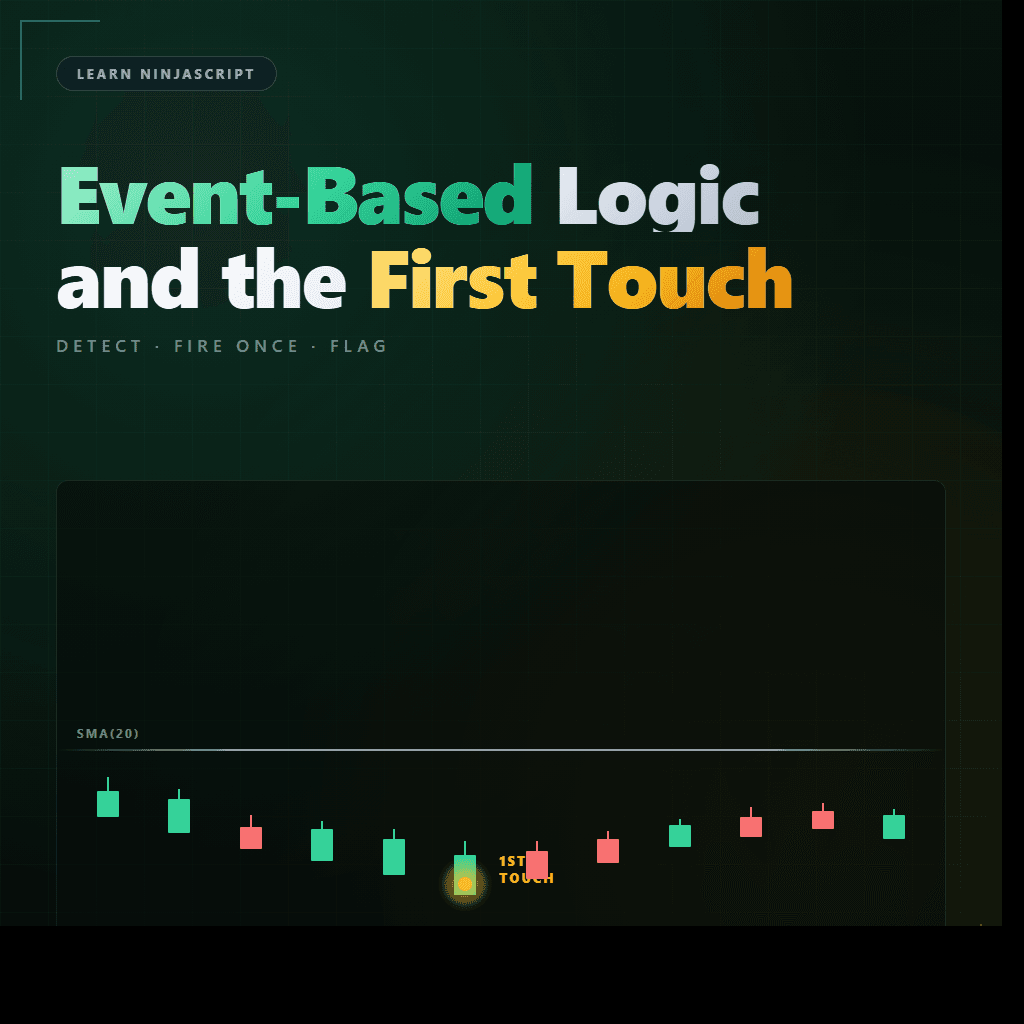 Illustration of event-based logic in NinjaScript — first-touch arrow at SMA crossing