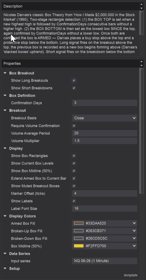 Full settings panel for the Darvas Box Breakout indicator