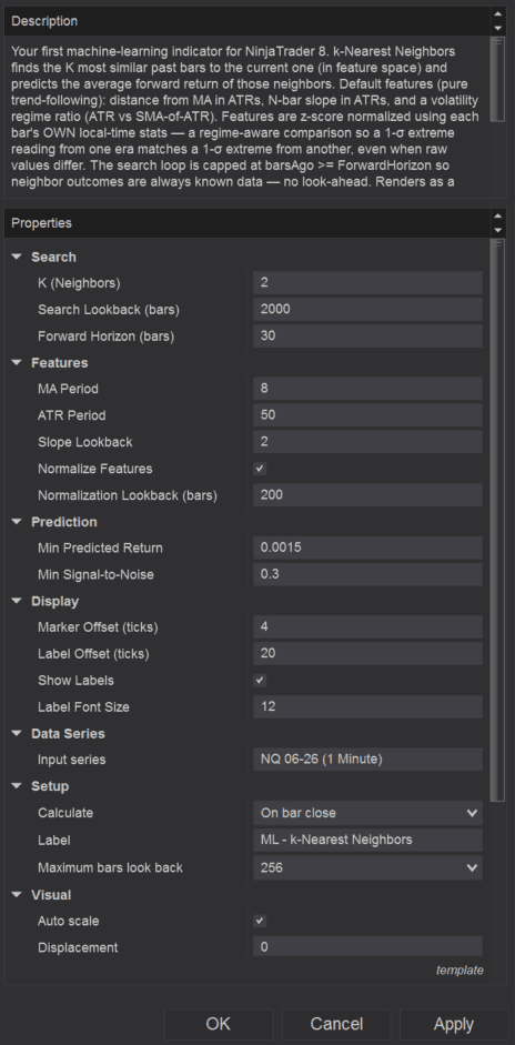 MlKNearestNeighbors full settings panel in NinjaTrader showing the four parameter groups — Search, Features, Prediction, Display — with default values populated