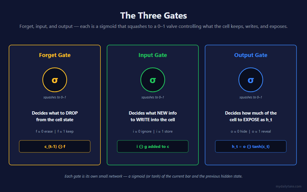 Three panels, one per gate. Forget Gate: a sigmoid, decides what to drop from the cell state, f near 0 erases and f near 1 keeps. Input Gate: a sigmoid, decides what new information to write into the cell. Output Gate: a sigmoid, decides how much of the cell to expose as the hidden state h_t.
