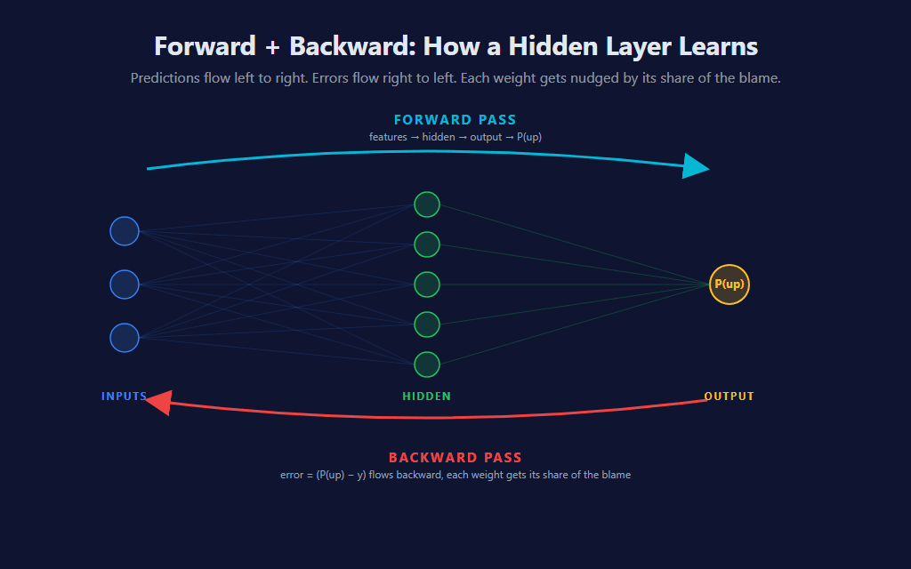 Backpropagation flow diagram: forward pass arc on the top runs left-to-right (inputs through hidden layer to output, computing P(up)); backward pass arc on the bottom runs right-to-left (error flows back from output through the output weights into each hidden neuron, then through each hidden weight to assign blame proportionally)
